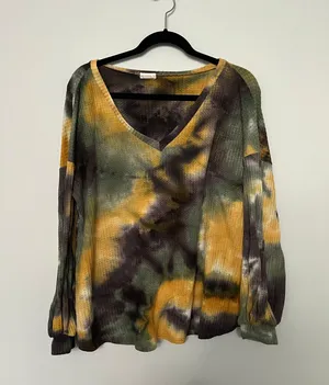 BiBi Black Yellow Green Tie Dye Waffle Knit Shirt thumbnail 1