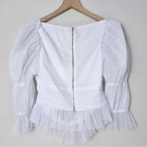 NEW LPA Dolores Top S Ivory Sheer Dot Puff Sleeve Cutout Pleated Peplum Tulle thumbnail 10