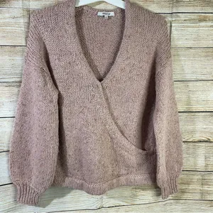 pink chunky knit sweater women size Small wrap front pullover thumbnail 8