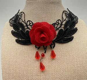 Whimsigoth Moody Witchy Victorian Goth Rose Lace Choker Necklace OS Black Red thumbnail 1