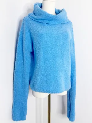 Free People Stormy Pullover Sweater Blue Cowl Neck Fuzzy Large thumbnail 3