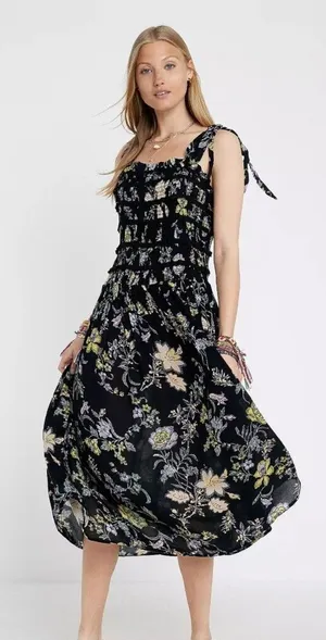 Free People Isla Black Floral Shoulder Tie Midi Dress - Size - Medium thumbnail 1