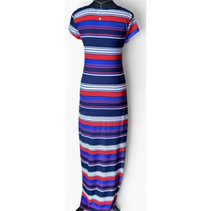Derek Heart Striped Maxi Dress Med Blue Red White Jersey Knit Short Sleeve VGUC thumbnail 15