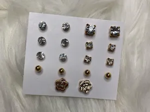 9 Pairs Gold faux Diamond Stud Earrings Bundle thumbnail 4