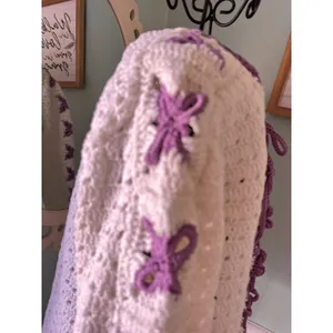 Handmade Crochet Cardigan Womens Medium Cream Purple‎ Bows Tie Front Long Slv thumbnail 4