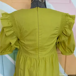 English Factory Chartreuse Square Neck Flutter Sleeve Tiered Midi Dress Sz S 🧡🍄 thumbnail 9