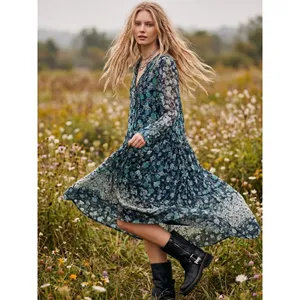 Free people Bohemian See it through Maxi Dress Twilight Floral Large Retro 70s thumbnail 4