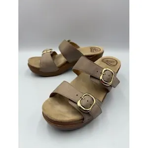 Dansko Slide Sandals Taupe Leather Double Buckle Platform Wedge Casual Size 37 thumbnail 2