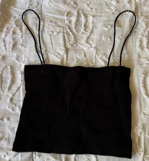 ZARA S Black Ribbed Spaghetti-Strap Crop Camisole Tank Top thumbnail 1