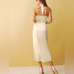 Reformation Solana Satin Dress Almond Beige Halter Midi‎ Cowl Neck 8 NEW Bridal thumbnail 2