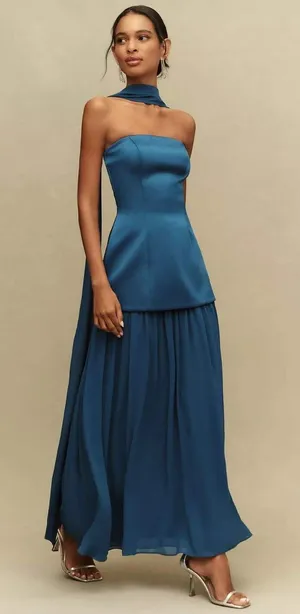 Anthropologie Mare Mare Natalie Strapless Stretch Satin Chiffon Maxi Dress XS thumbnail 1