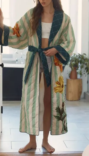 Missing Belt Anthropologie Nay Bellamy x LyreBird Quilted Printed Flannel Robe thumbnail 1