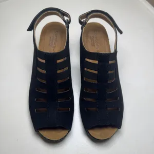 Comfortiva Women‎ Black Leather Wedge Sandals Pillowtop Memory Foam CT0026101 9M thumbnail 2
