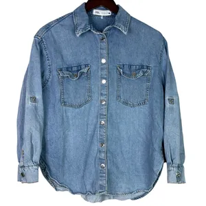 Zara Denim Snap Button Down Collard Western Style Long Sleeve Denim Shirt S Blue thumbnail 1