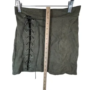 Y2K Vestidos Olive Green Mini Skirt Faux Suede Lace Up‎ M Goblincore Festival thumbnail 7