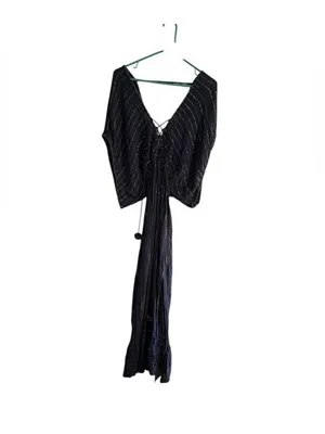Black Maxi Dress with Gold Metallic Stripe and Side Slit thumbnail 8
