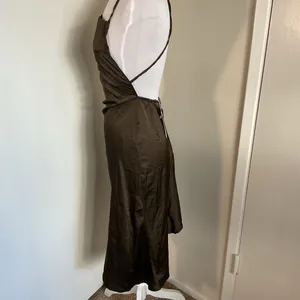 CBR Brown Satin Halter Backless Dress Side Tie Asymmetrical Medium thumbnail 5