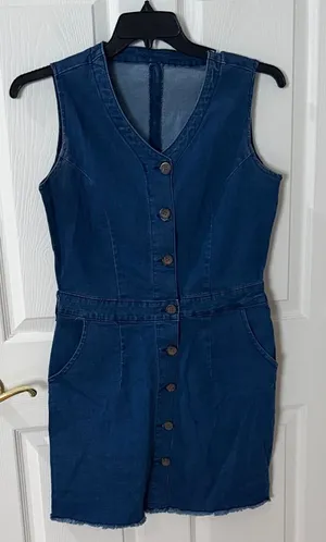 Sleeveless Button-Front Denim Dress in Dark Blue size medium thumbnail 1