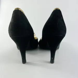 J. Crew Vintage Isabella Black Suede Gold Trim Peep Toe Heels Shoes Women 8.5 thumbnail 6