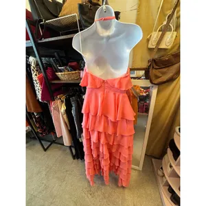 Coral‎ Pink Tiered Ruffle Halter Maxi Dress Corset Bodice Formal Gown thumbnail 3