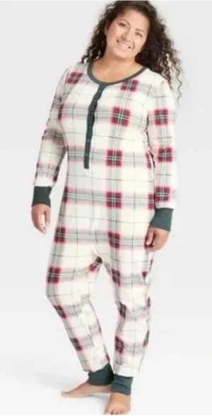 Hearth & Hand Magnolia Holiday Plaid One Piece Union Suit Snap Button Size Large thumbnail 1