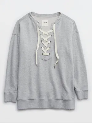 Aerie Lace Up Oversized Crew Sweatshirt in Gray Size Medium thumbnail 5