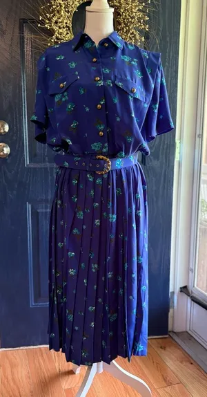 Blue Midi Dress 80s Blouson Floral Print Dress Button Back 80s Draped High Waist thumbnail 1