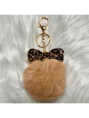 Leopard Print Bow With Rhinestones Pom Pom Bag Charm Keychain Tan Gold New thumbnail 2