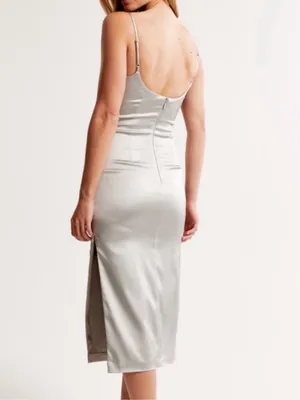 NEW Abercrombie Formal Satin Stretch Column Midi Dress in Silver - Size XL Tall thumbnail 2