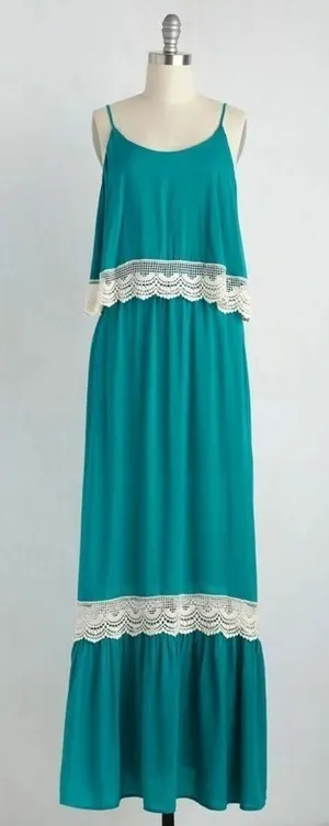 Maxi Dress Turquoise Teal White Crochet Lace Boho Modcloth Bo Bel Southern Belle thumbnail 1