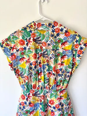 Karlie Mutli Floral Colorful Tropical Cotton Mini Dress Short Sleeve Faux Wrap thumbnail 7