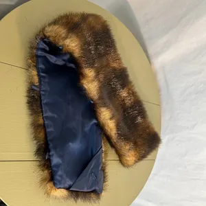 Vintage Faux Fur Collar Wrap – Striped Brown Black Fur Blue Lined Stole thumbnail 6