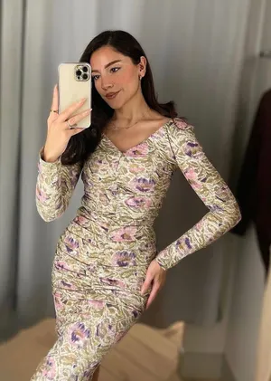 H&M Floral Ruched Midi Dress Bodycon Long Sleeve V Neck Boho Romantic Size XS thumbnail 1