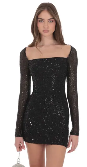 Lucy in the Sky Sequin Long Sleeve Dress in Black thumbnail 1