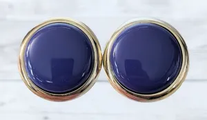 Vintage Clip On Earrings 1 & 3/8" Purple & Gold Tone Large Statement thumbnail 1