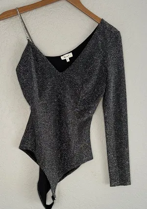 Love j Sparkly Silver Black Bodysuit Rhinestone Strap Long Sleeve Glam Going Out NYE thumbnail 1