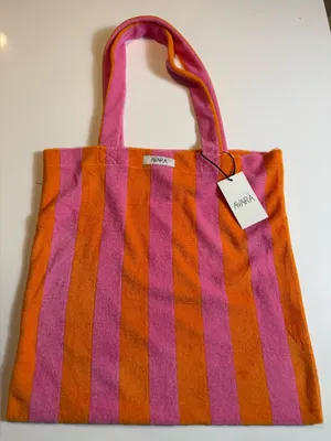 NWT Avara Pink Orange Striped Terry Cloth Beach Tote Bag‎ Pool,Vacation,Carryall thumbnail 1