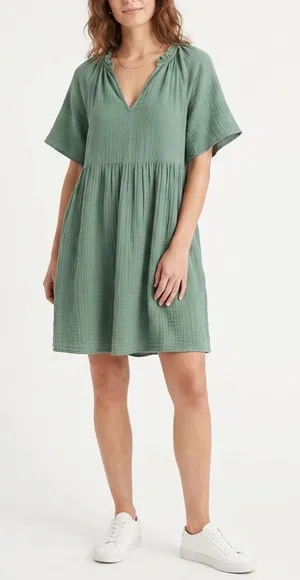 Old Navy Womens Sage Green Cotton Gauze Ruffle V-Neck Babydoll Dress Medium thumbnail 1