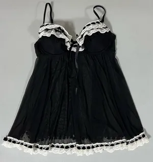 Jezebel Black White Ruffle Lace Sheer Babydoll Nightie Lingerie Nightgown Dress Size S 🖤 thumbnail 1