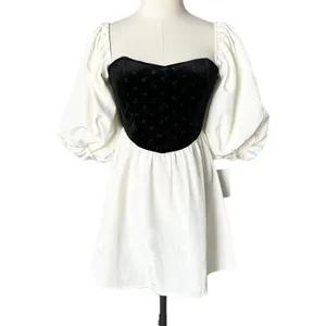NEW For Love & Lemons Black White Velvet Polka Dot Puff Sleeve Mini Dress XS thumbnail 2