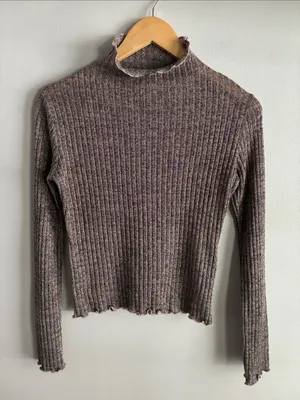 Chelsea & Violet Metallic Ribbed Mock Neck Crop Top Sheer Shimmer Long Sleeve S thumbnail 1
