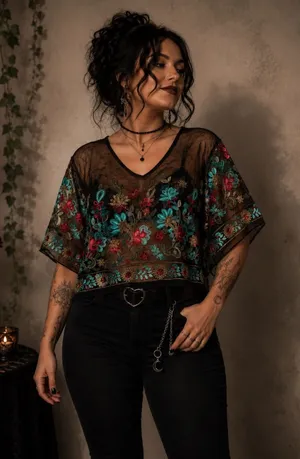 Rachel Zoe Floral Embroidered Sheer Crop Top V-Neck Boho Black Whimsical Goth thumbnail 1
