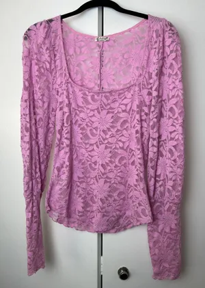 Free People Intimately Floral Lace square Neck Long Sleeve Top - Pink thumbnail 1
