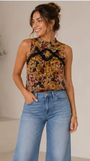 Lily White Womens Floral Lace Accent Sleeveless Tank Top‎ Fall Autumn Large thumbnail 1