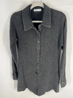 Bird Bee Textured Gauze Romper Charcoal Black Long Sleeve Button Front Size M thumbnail 2