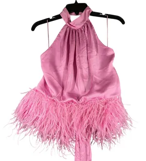 Ramy Brook Faux Feather Trim Halter Top Womens L Pink Fiyero Party Blouse NWT thumbnail 1