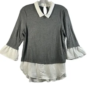 ELLE Women Gray White Layered Collared 3/4 Sleeve Shirt‎ Top Size S thumbnail 1
