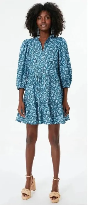 Hyacinth House Blue Floral Tiered Mini Dress Ruffle Neck 3/4 Puff Sleeve Small‎ thumbnail 1