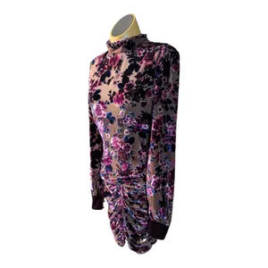 Ronny Kobo Georgina Burgundy Burnout Floral Velvet Long Sleeve Mini Dress Sz M thumbnail 2