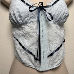 Women Coquette 100% Cotton Top XS Blue Eyelet‎ Lace Ribbon Corset Fairy thumbnail 10
